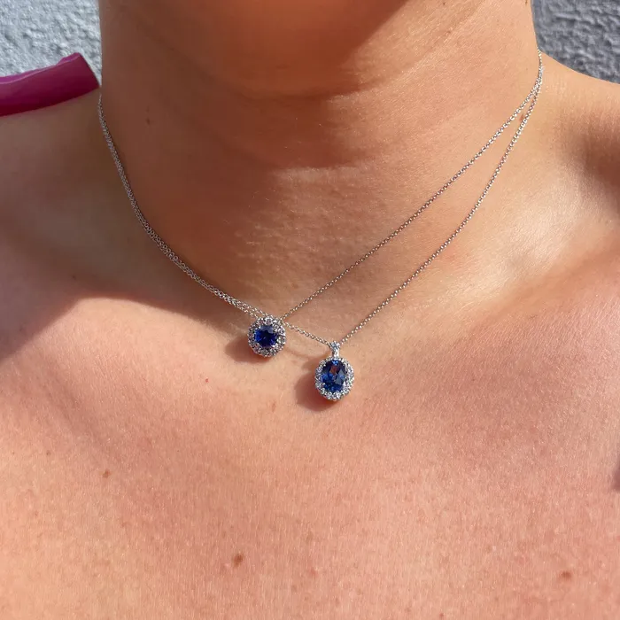 Croghans Necklaces 1ctw Sapphire Diamond Halo 18K White Gold Pendant Necklace