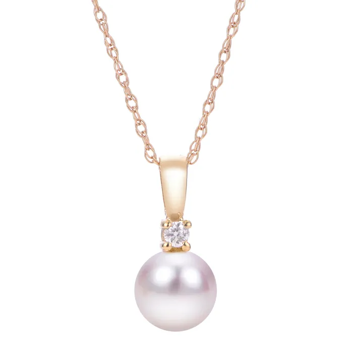 Croghans Necklaces 7mm Akoya Pearl Diamond 14K Yellow Gold Pendant Necklace