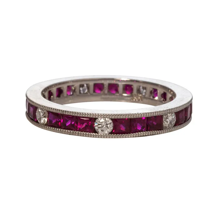 Croghans PreStyled Sets Ruby Diamond Channel Set Milgrain 18K Gold Eternity Band Croghans PreStyled Sets Ruby Diamond Channel Set Milgrain 18K Gold Eternity Band
