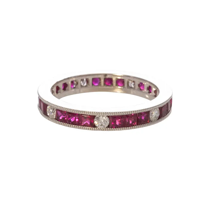 Croghans PreStyled Sets Ruby Diamond Channel Set Milgrain 18K Gold Eternity Band
