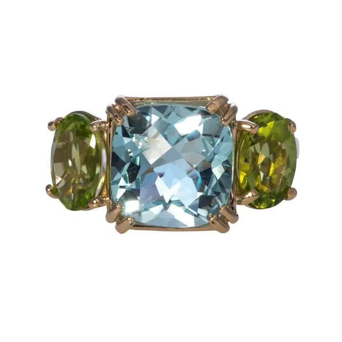 Croghans Rings Blue Topaz Peridot 3 Stone 14K Yellow Gold Ring