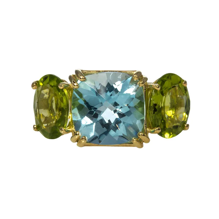 Croghans Rings Blue Topaz Peridot 3 Stone 14K Yellow Gold Ring