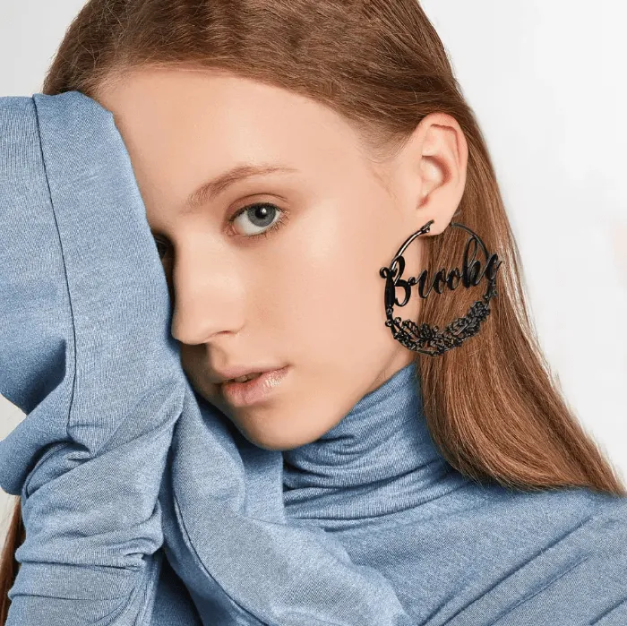 Custom Name Hoop Earrings with Personalized Birth Flower Design Unique Gift for Women Girls Ideal Birthflower Jewelry Belbren Earrings