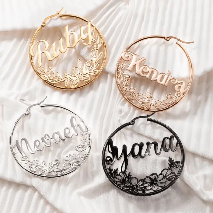 Custom Name Hoop Earrings with Personalized Birth Flower Design Unique Gift for Women Girls Ideal Birthflower Jewelry Belbren Earrings