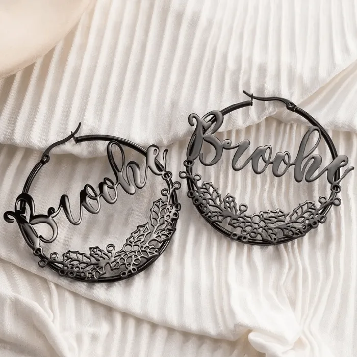 Custom Name Hoop Earrings with Personalized Birth Flower Design Unique Gift for Women Girls Ideal Birthflower Jewelry Belbren Earrings