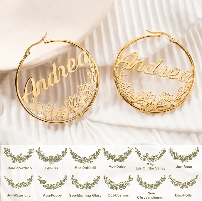Custom Name Hoop Earrings with Personalized Birth Flower Design Unique Gift for Women Girls Ideal Birthflower Jewelry Belbren Earrings