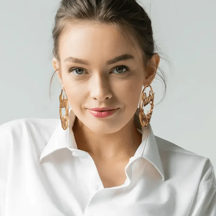 Custom Name Hoop Earrings with Personalized Birth Flower Design Unique Gift for Women Girls Ideal Birthflower Jewelry Belbren Earrings
