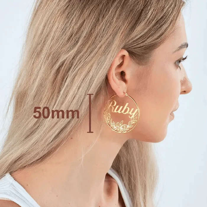 Custom Name Hoop Earrings with Personalized Birth Flower Design Unique Gift for Women Girls Ideal Birthflower Jewelry Belbren Earrings