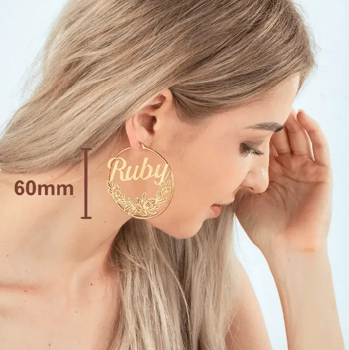 Custom Name Hoop Earrings with Personalized Birth Flower Design Unique Gift for Women Girls Ideal Birthflower Jewelry Belbren Earrings