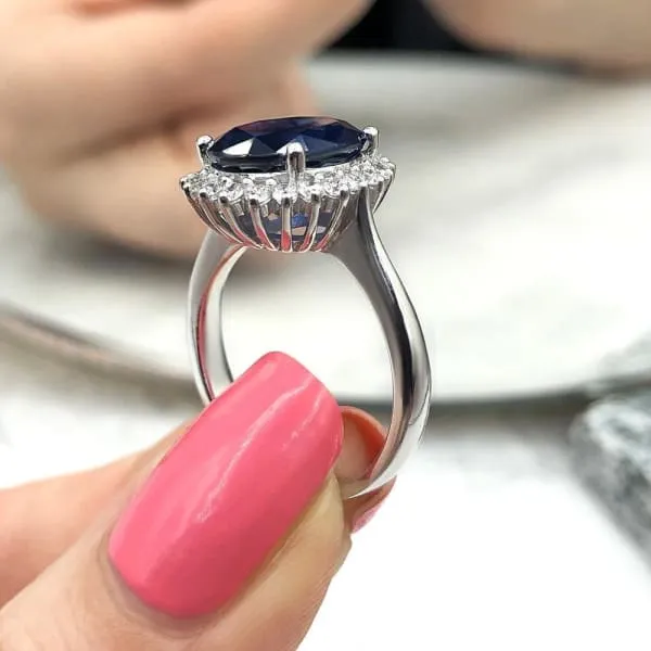 Diamond Source NYC Diffused Oval Shape Blue Sapphire Cocktail Diamond Ring Set in 14K White Gold 495ct tw Rings