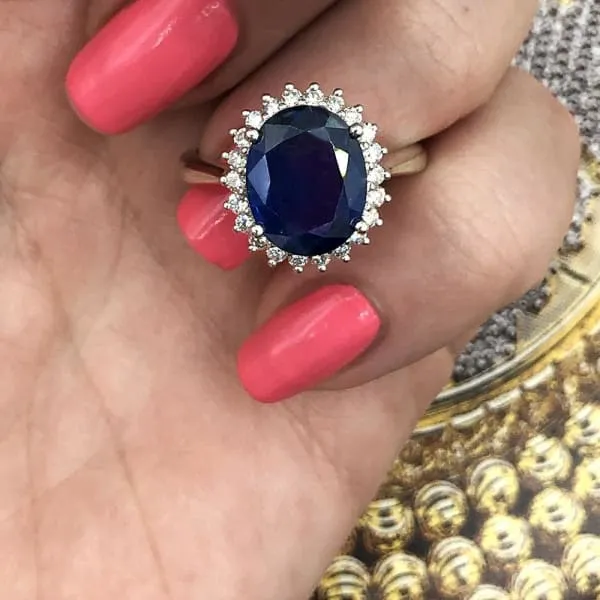 Diamond Source NYC Diffused Oval Shape Blue Sapphire Cocktail Diamond Ring Set in 14K White Gold 495ct tw Rings