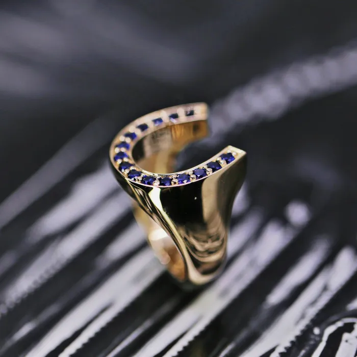 Diamond Source NYC Diffused Round Brilliant Blue Sapphire Horseshoe Ring Set in 14K Yellow Gold 020ct tw Rings
