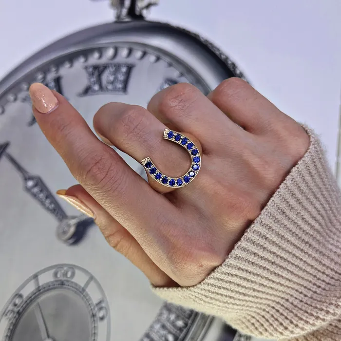 Diamond Source NYC Diffused Round Brilliant Blue Sapphire Horseshoe Ring Set in 14K Yellow Gold 020ct tw Rings