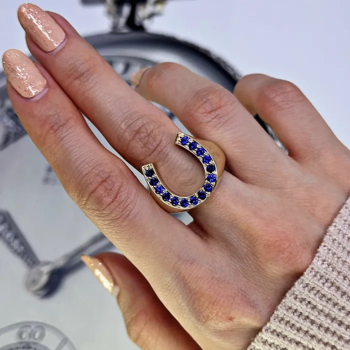 Diamond Source NYC Diffused Round Brilliant Blue Sapphire Horseshoe Ring Set in 14K Yellow Gold 020ct tw Rings