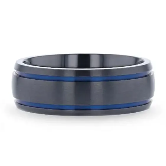 Domed Black Titanium Brushed Finish 8mm Band with Blue Grooves Mens Bands Rings
