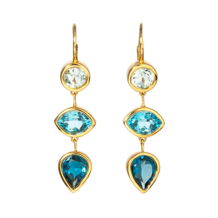 Earrings Croghans Blue Topaz Triple Drop 18K Yellow Gold Earrings
