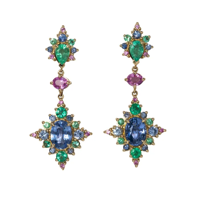 Earrings Emerald Blue Pink Sapphire 14K Yellow Gold Drop Earrings Mini Collection Earrings Emerald Blue Pink Sapphire 14K Yellow Gold Drop Earrings Mini Collection