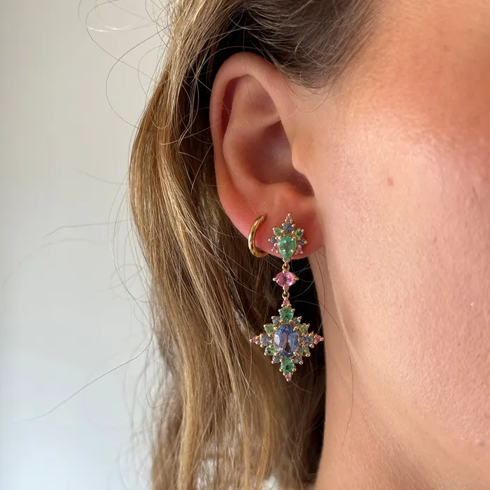 Earrings Emerald Blue Pink Sapphire 14K Yellow Gold Drop Earrings Mini Collection