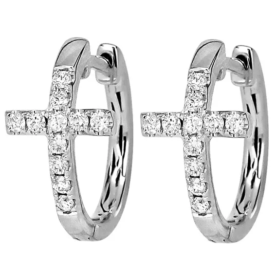 Meierotto Jewelers Earrings 14K White Gold Diamond Cross Hoop Earrings