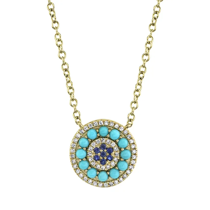 Meierotto Jewelers Necklaces 14K Yellow Gold Necklace with Round Sapphire Composite Turquoise with Diamond Halo
