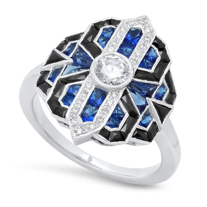 Meierotto Jewelers Rings 18K White Gold Art Deco Ring with Diamonds Sapphires and Black Onyx