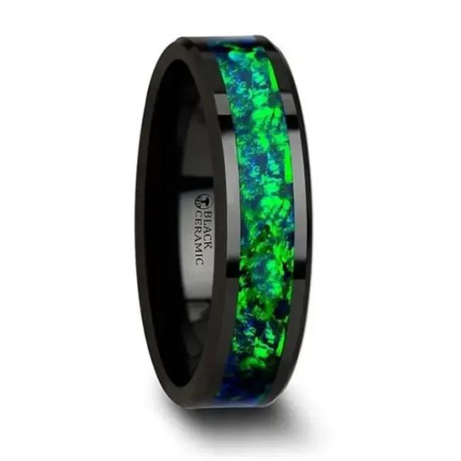 Mens Bands Rings Black Ceramic 6mm Band with Blue Green Opal Inlay