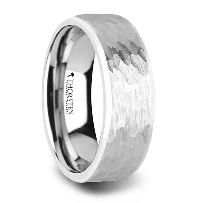 Mens Bands Rings White Tungsten Ring with Hammered Finish and Polished Bevels