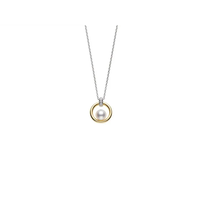 Mikimoto Necklaces Mikimoto 18K White Yellow Gold Necklace with Cultured Akoya Pearl Diamond Pendant