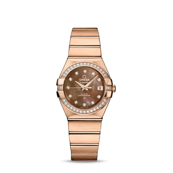Omega Bracelets Omega Constellation 27mm Watch Ref 12355272057001 Brown Mother of Pearl Diamond Index Dial Diamond Bezel 18K Rose Gold Bracelet Omega Bracelets Omega Constellation 27mm Watch Ref 12355272057001 Brown Mother of Pearl Diamond Index Dial Diamond Bezel 18K Rose Gold Bracelet