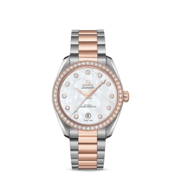 Omega Seamaster 38mm Watch Ref 22025382055001 White Mother of Pearl Diamond Index Dial Diamond Bezel Two Tone Stainless Steel 18K Rose Gold Bracelet Omega Bracelets Omega Seamaster 38mm Watch Ref 22025382055001 White Mother of Pearl Diamond Index Dial Diamond Bezel Two Tone Stainless Steel 18K Rose Gold Bracelet Omega Bracelets