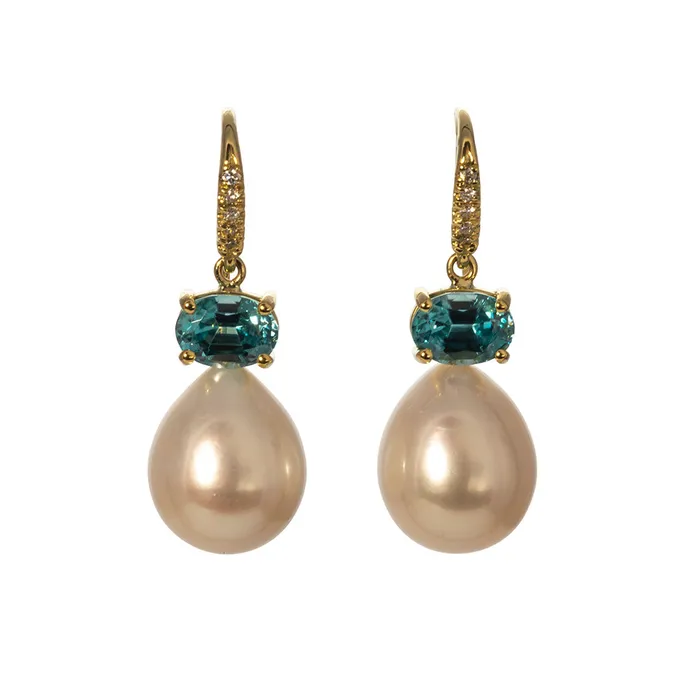 Pearl Blue Zircon Diamond 18K Gold Drop Earrings Croghans Earrings