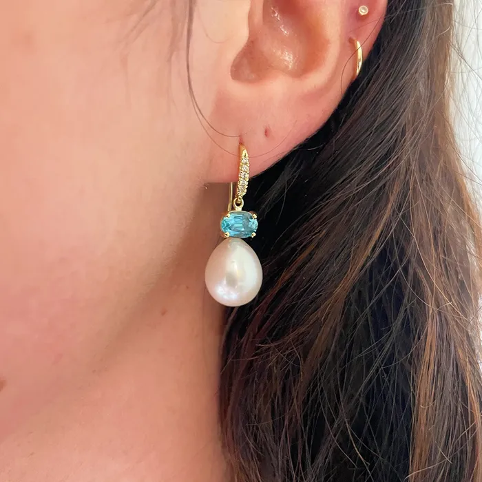 Pearl Blue Zircon Diamond 18K Gold Drop Earrings Croghans Earrings