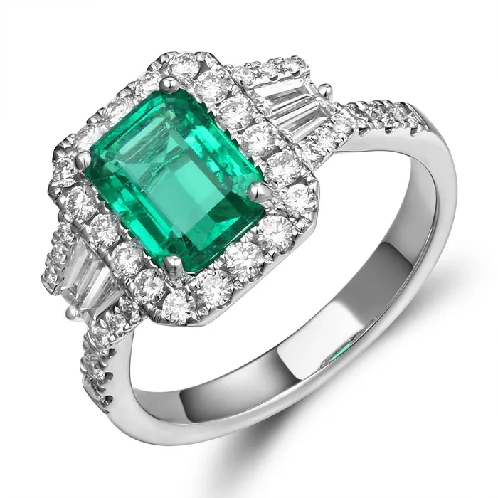 Rings 18K White Gold Emerald Cut Emerald Ring with Halo and Tapered Baguettes and Round Diamonds Meierotto Jewelers