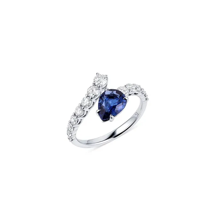 Rings 18kt White Gold 118ct PearShaped Sapphire and Diamond Bypass Ring CJ Charles Jewelers Rings 18kt White Gold 118ct PearShaped Sapphire and Diamond Bypass Ring CJ Charles Jewelers