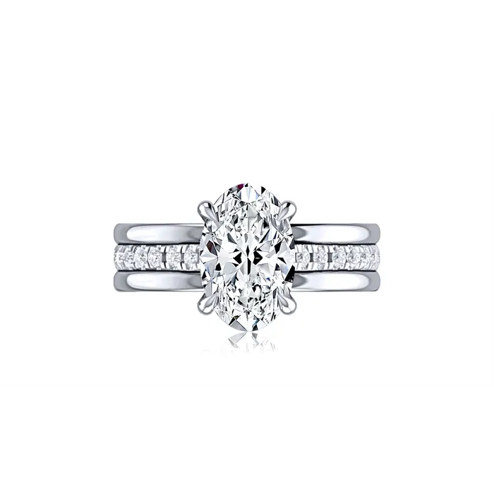 Rings A Jaffe 14K White Gold Wide Semi Mount Oval Ring with Hidden Diamond Halo and Diamonds in Center of Shank A Jaffe