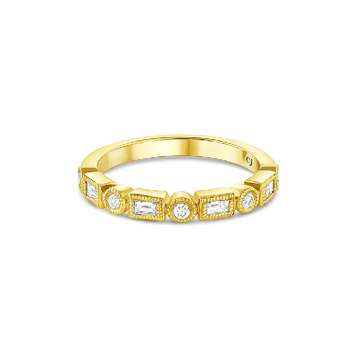 Rings CJ Charles Jewelers 18k Yellow Gold Baguette and Round Diamond Halfway Band Rings CJ Charles Jewelers 18k Yellow Gold Baguette and Round Diamond Halfway Band