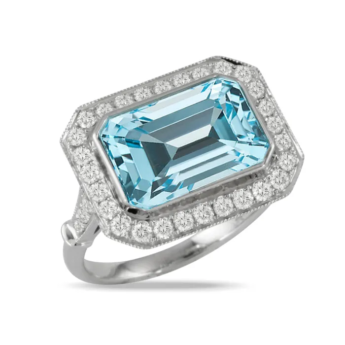 Rings Croghans EmeraldCut Blue Topaz Diamond Milgrain 18K White Gold Ring
