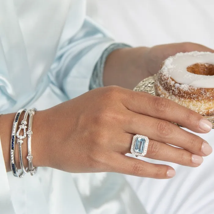 Rings Croghans EmeraldCut Blue Topaz Diamond Milgrain 18K White Gold Ring