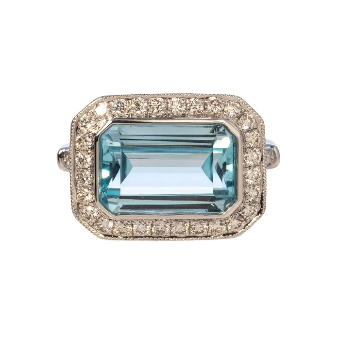 Rings Croghans EmeraldCut Blue Topaz Diamond Milgrain 18K White Gold Ring