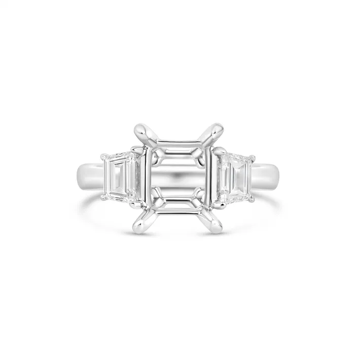Rings Engagement Collections Platinum Three Stone Ring with Tapezoid Diamond Sides for Square Center
