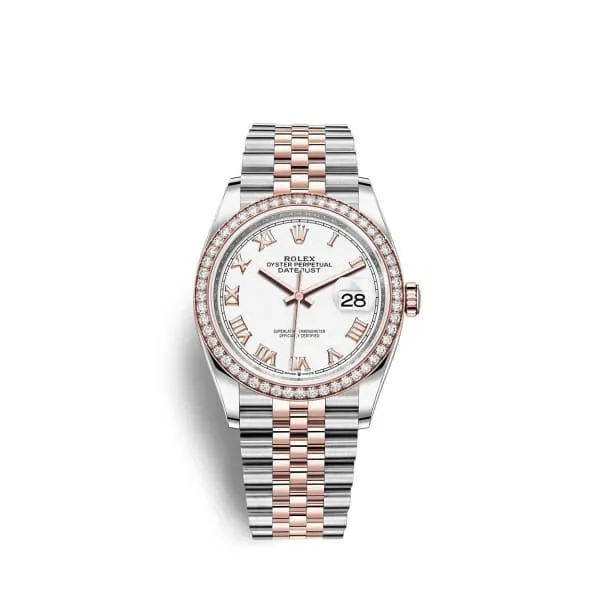 Rolex Bracelets Rolex Datejust 36mm Ref 126281rbr0003 White Roman Dial Diamond Bezel Two Tone Stainless Steel 18K Rose Gold Jubilee Bracelet Watch