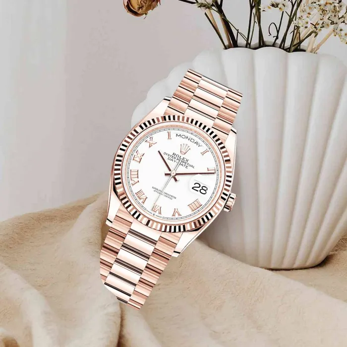 Rolex Day Date 36mm Ref 1282350052 White Roman Dial 18K Rose Gold President Bracelet Watch Rolex Bracelets