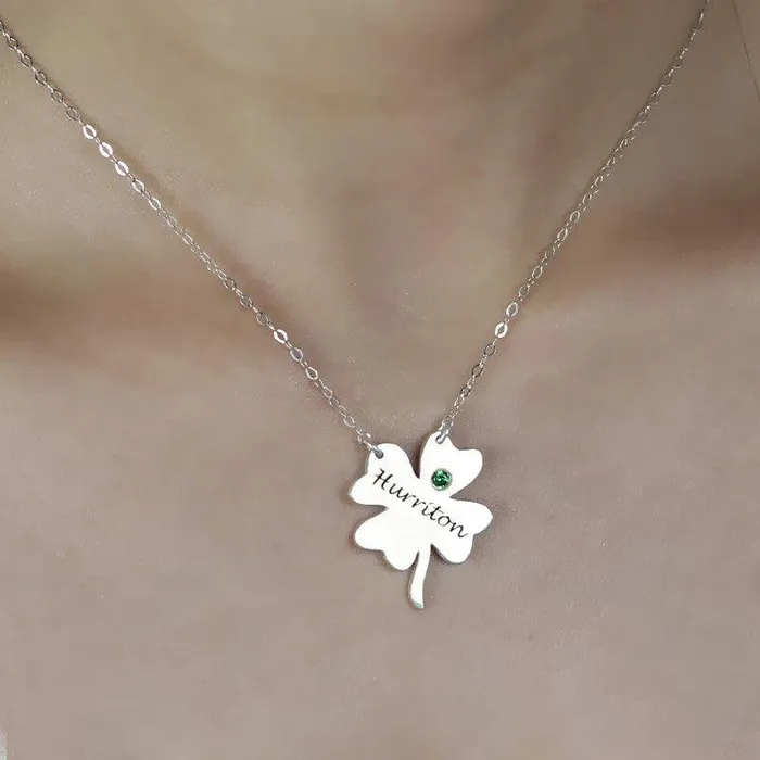 Sterling Silver Personalized Four Leaf Clover Shamrock Necklace with Green Gemstone Lucky Charm Jewelry Belbren Necklaces