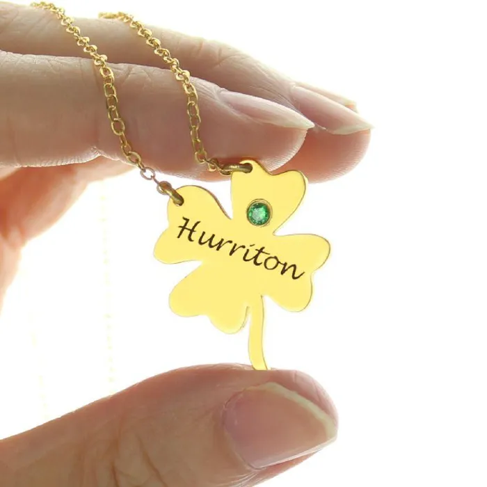 Sterling Silver Personalized Four Leaf Clover Shamrock Necklace with Green Gemstone Lucky Charm Jewelry Belbren Necklaces