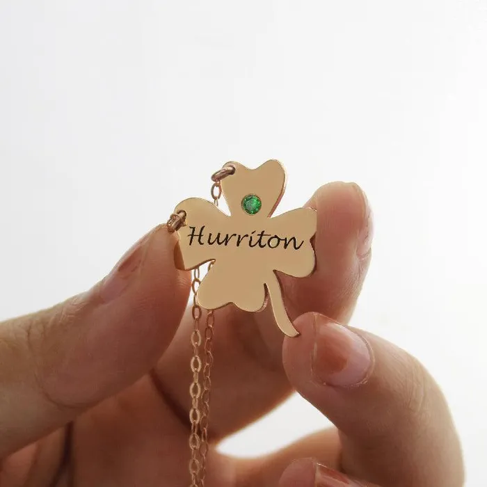Sterling Silver Personalized Four Leaf Clover Shamrock Necklace with Green Gemstone Lucky Charm Jewelry Belbren Necklaces