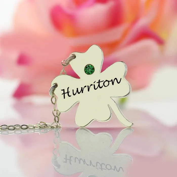 Sterling Silver Personalized Four Leaf Clover Shamrock Necklace with Green Gemstone Lucky Charm Jewelry Belbren Necklaces