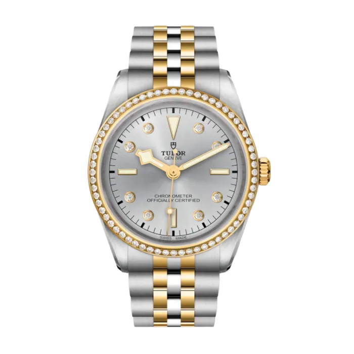 Tudor Bracelets Tudor Black Bay 36mm Watch Ref M796530006 Silver Diamond Index Dial 18K Yellow Gold Diamond Bezel Two Tone Stainless Steel and 18K Yellow Gold Bracelet