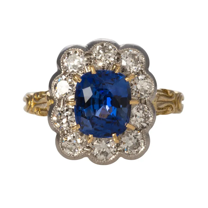 Victorian Style 237ct Cushion Sapphire Diamond Cluster Milgrain Ring Croghans Rings Victorian Style 237ct Cushion Sapphire Diamond Cluster Milgrain Ring Croghans Rings