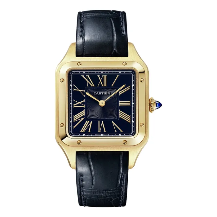Watches Cartier Santos Dumont 435mm Watch Ref WGSA0077 Silver Roman Dial in 18K Yellow Gold Case Blue Alligator Strap Cartier Watches Cartier Santos Dumont 435mm Watch Ref WGSA0077 Silver Roman Dial in 18K Yellow Gold Case Blue Alligator Strap Cartier