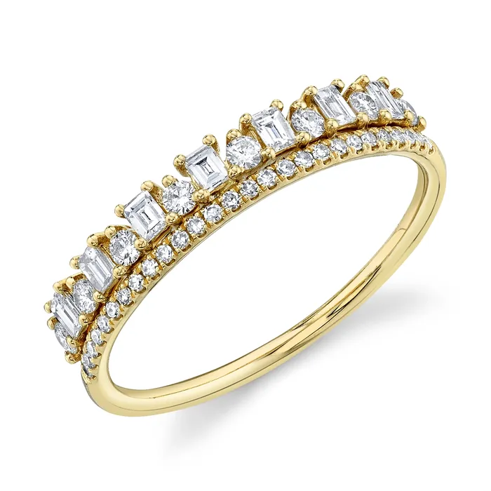 Wedding Bands Rings 14K Yellow Gold Double Layer Band Round Alternating Baguettes Rounds